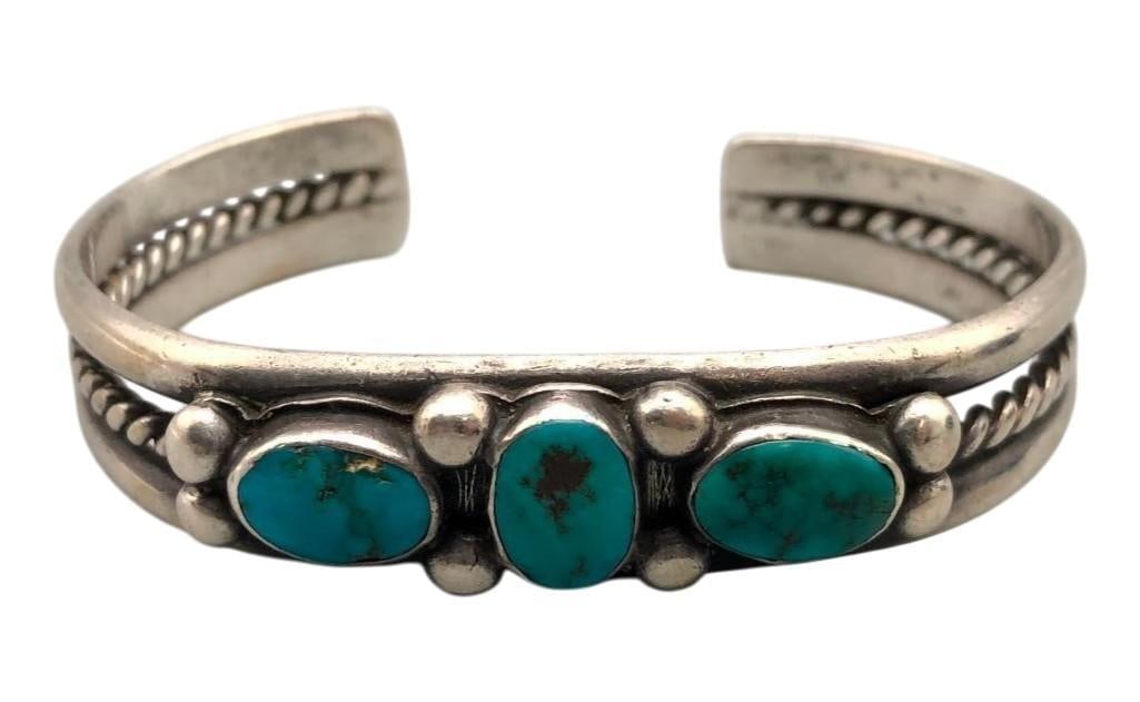 Vintage Natural Turquoise Three Stone Bracelet (1 of 9)