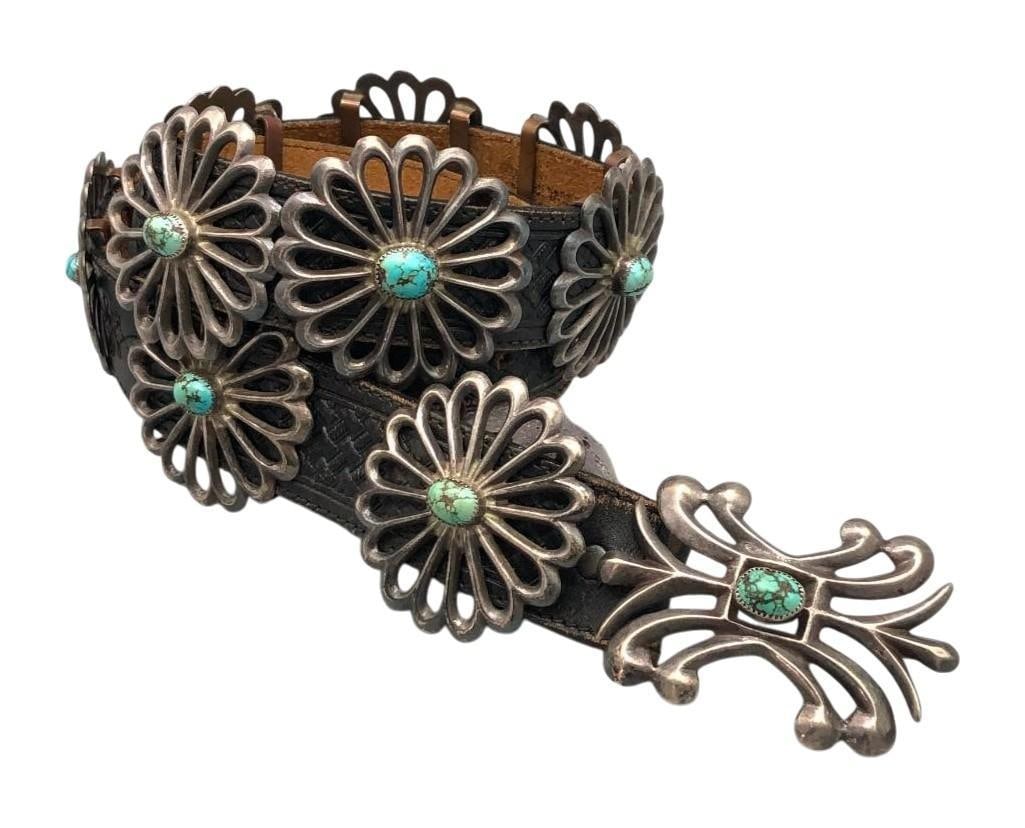 Vintage Sandcast Concho Belt With Great Buckle: Offered here for your consideration is a vintage sandcast concho belt with a great buckle. The sandcast process uses a special type of sand that has a clay-like consistency to create a mold into which