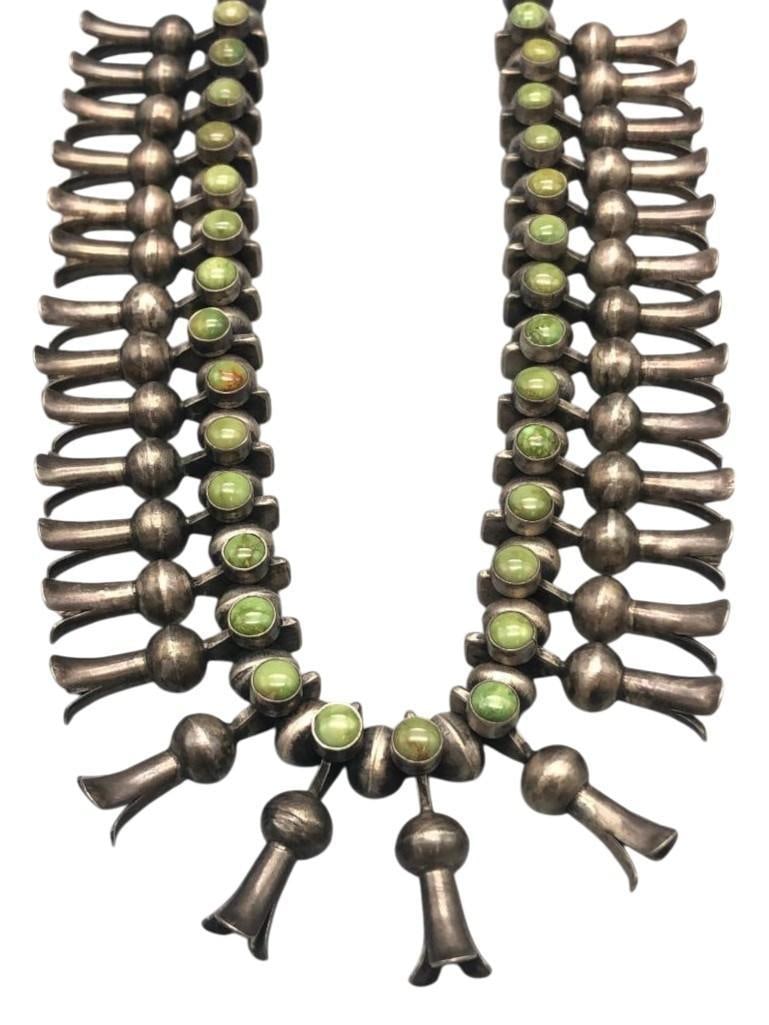 Unique Style Green Gaspeite And Sterling Silver Squash Blossom Necklace (1 of 20)