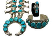 Nice Kingman Turquoise Squash Blossom Necklace, Bracelet And Ring