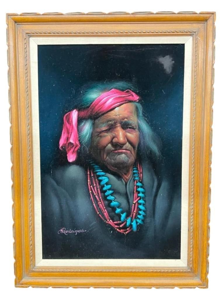 Large Original Painting On Felt By Alfredo Rodriguez: Offered here is a large original painting on felt by Alfredo Rodriguez titled Navajo - Turquoise Man. Born in 1954 in Mexico and one of nine children in the family, he began painting at an early age t