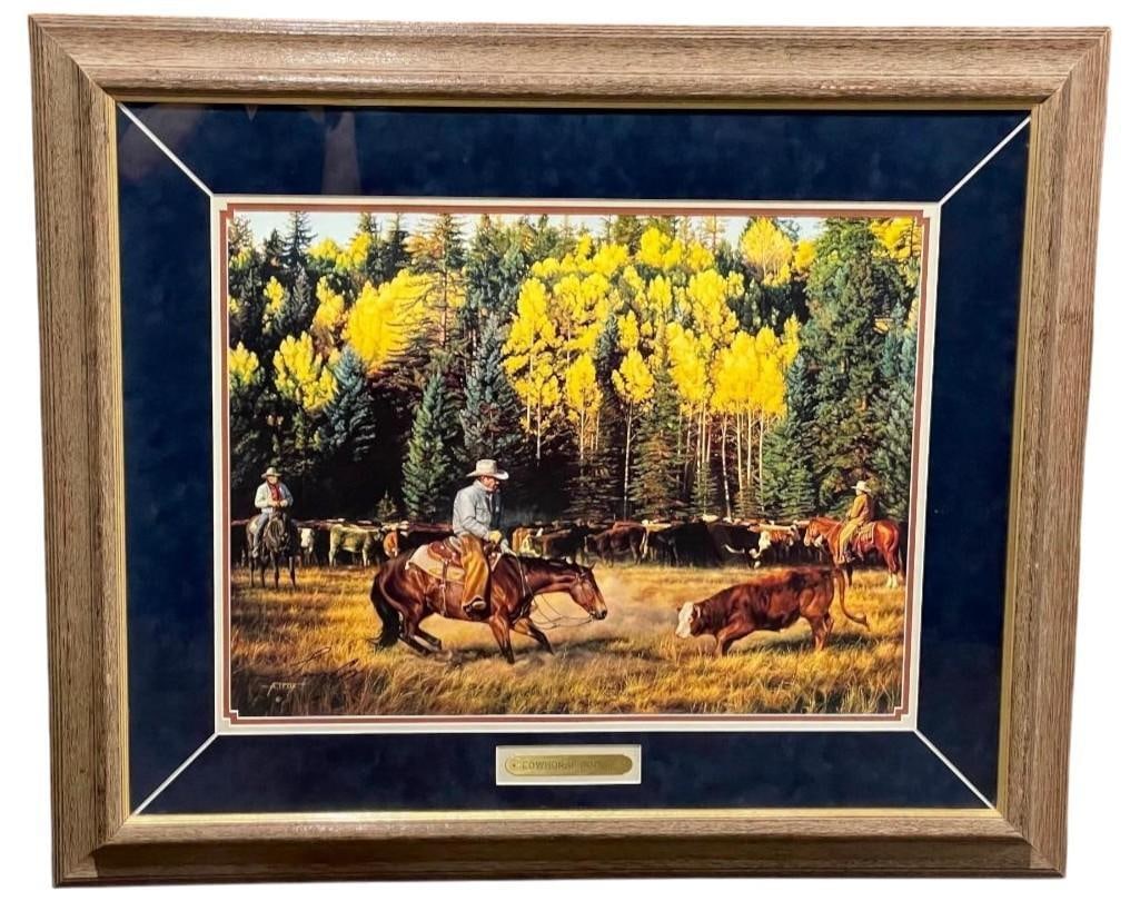 "Cowhorse Boogie" Signed Limited Edition Framed Print By Tim Cox: Offered here for your consideration is Cowhorse Boogie, a signed limited edition framed print by Tim Cox. Cowboy Artist of America member and full time rancher, Tim Cox is known for his depictions of