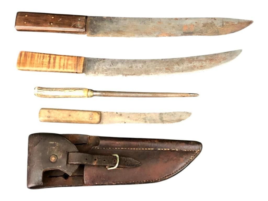 Antique Graves Butcher Knives, Trade Knife And Sharpener, Etc.: Offered here for your consideration are an antique Graves butcher knife, a trade knife and a sharpener, etc. The Graves knife features a cast steel blade with a half tang and a dark wood handle. Also 