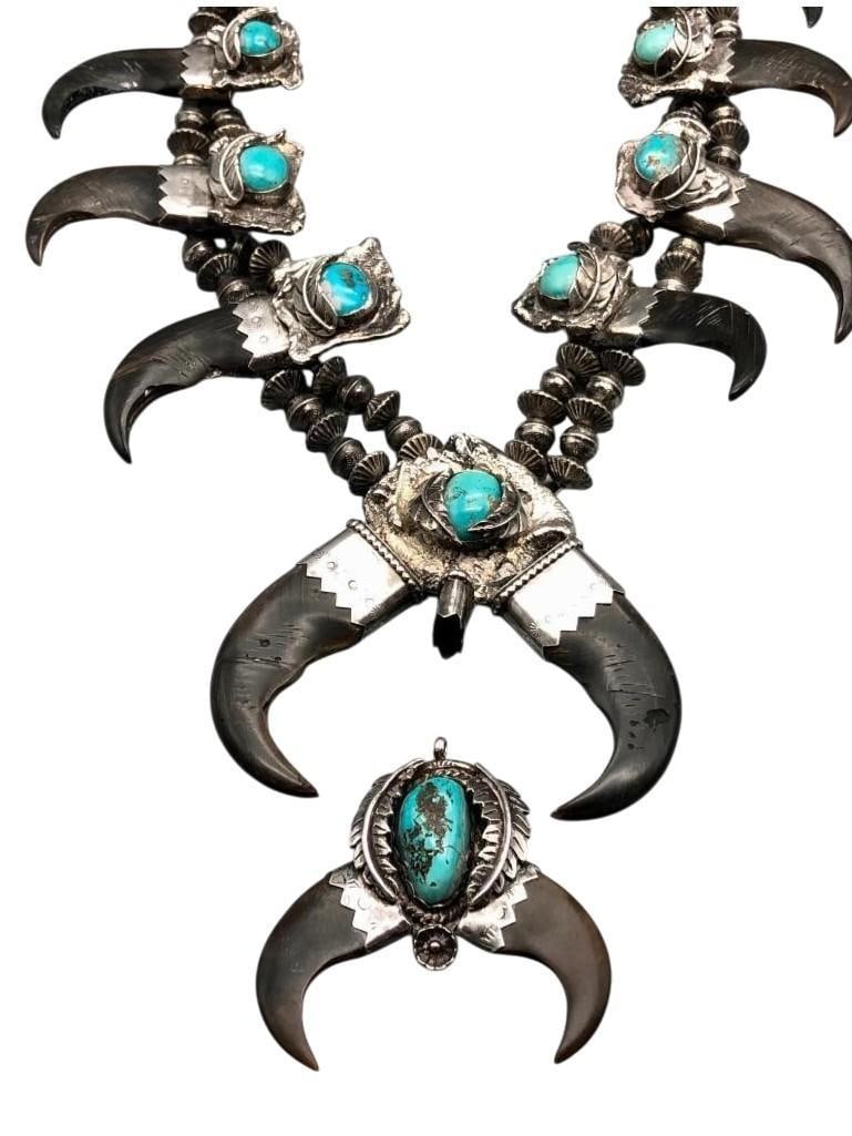 Vintage Turquoise, Sterling Silver and Faux Claw Squash Blossom Necklace (1 of 20)