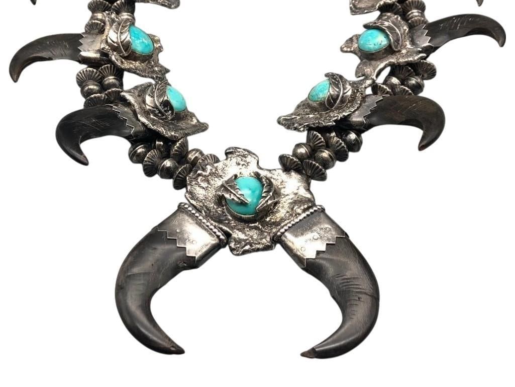 Persian Turquoise, Sterling Silver And Faux Claw Squash Blossom Necklace: Presented here for your bidding enjoyment is this Persian turquoise, sterling silver and faux claw squash blossom necklace. This ladies sterling siler squash blossom necklace is the perfect mate to th