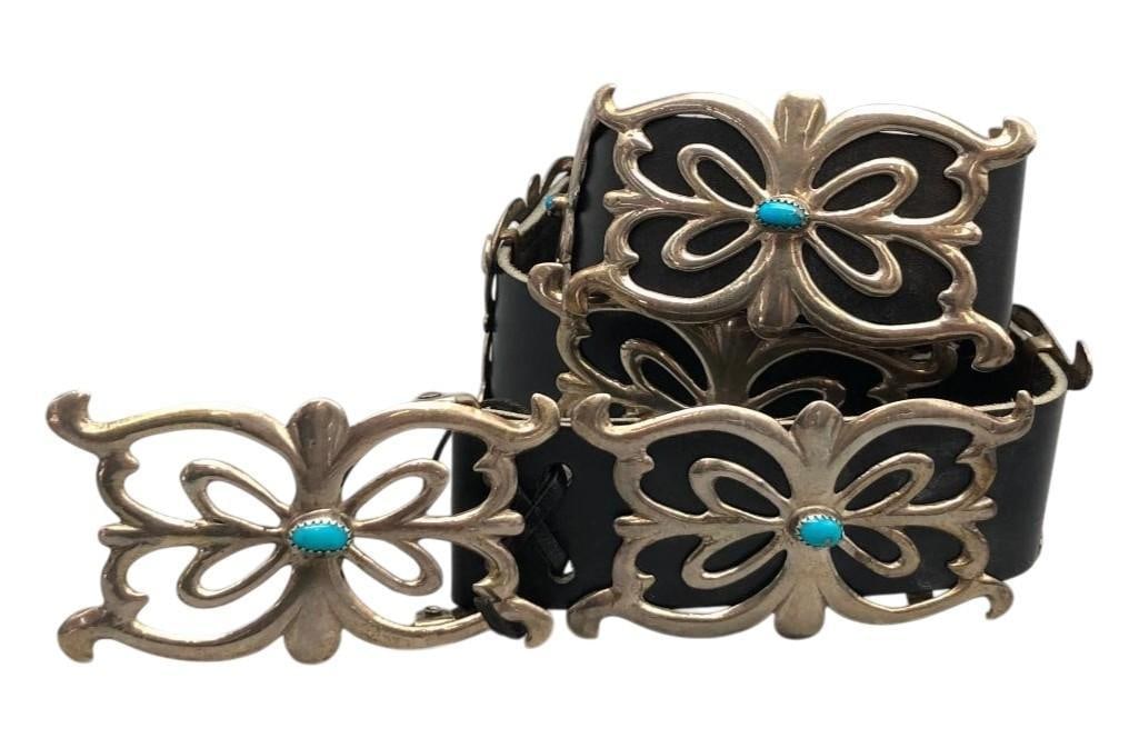 Vintage Sandcast And Turquoise Concho Belt: Offered here for your consideration is a vintage sandcast and turquoise concho belt. The beautiful belt has nine conchos and one buckle each highlighted with a beautiful sandcast design. Accenting eac