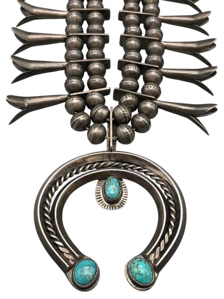 Substantial Vintage Sterling Silver And Turquoise Squash Blossom Necklace (1 of 19)