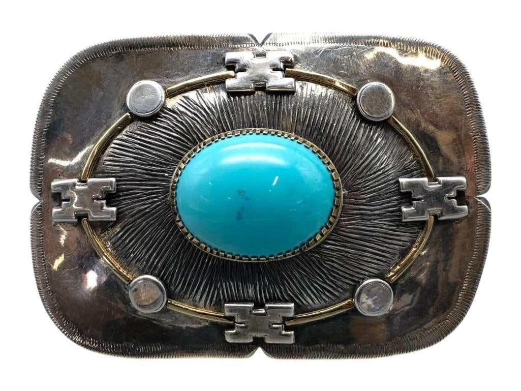 Turquoise, Silver And Gold Belt Buckle By Alejandro Sifuentes (1 of 10)