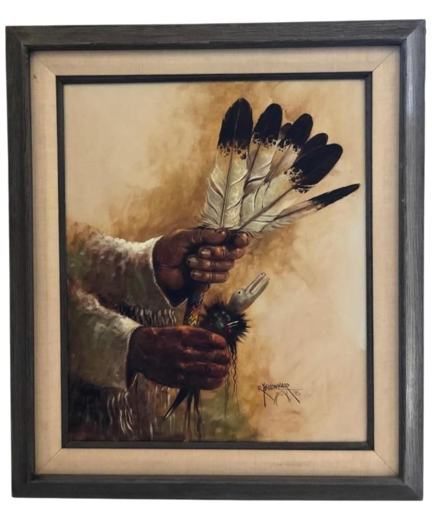 Robert Yellowhair Original Oil Painting: Offered for your purchase here is an original oil painting by Robert Yellowhair featuring the hands of a shaman holding a fan with a beaded handle and feathers and a duck fetish. This detailed and foc