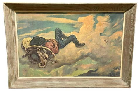 Vintage A-1 Cowboy Print By Lon Megargee: Offered here for your consideration is a vintage A-1 Cowboy print by Lon Megargee. Entitled "The Cowboy's Dream", this print by Lon Megargee was commissioned by the Arizona Brewing Company