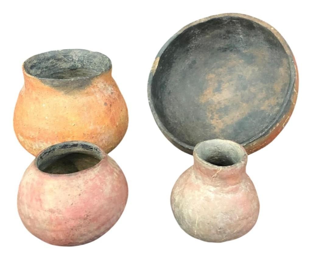 Group Of Four Prehistoric Anasazi Pots: Offered here for your consideration is a group of four prehistoric Anasazi pots consisting of a bowl with simple white painted exterior decoration and three small redware pots that are undecorated exc