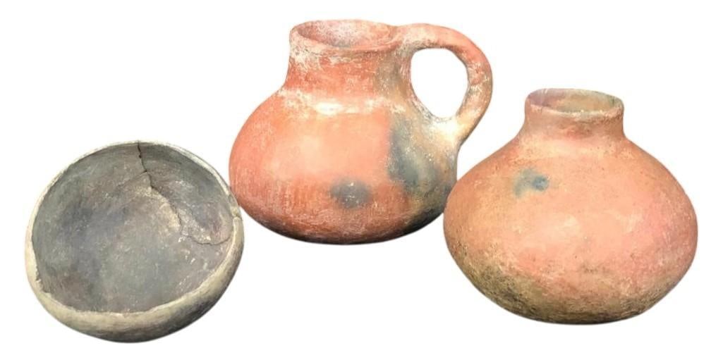 Three Prehistoric Redware Pots/Jars: Offered here for your consideration are three prehistoric redware pots/jars. This lot includes a small bowl, a jar and a pitcher representing three different pottery forms developed to fulfill the nee