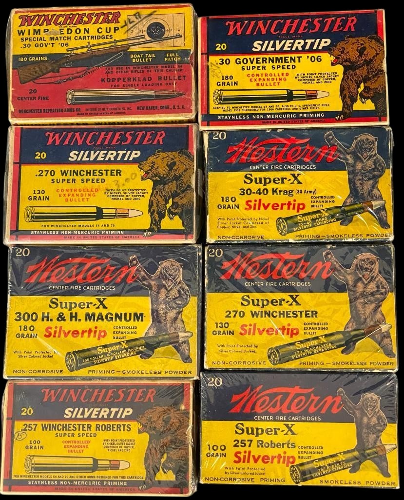 Eight Highly Collectible Winchester Boxes With Ammo: Offered here for your consideration are eight boxes of highly collectible Winchester/Western ammunition (mostly Silvertip boxes). Eight colorful old boxes with a variety of different caliber ammunitio