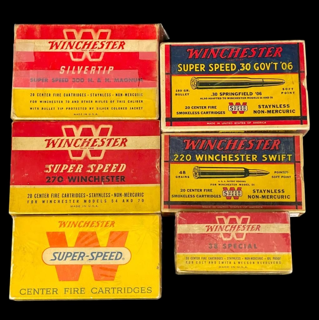 Six Collectible Winchester Boxes With Ammo: Offered here for your consideration are six colorful old boxes with a variety of different caliber ammunition manufactured by Winchester Arms. Plastic wrapped to preserve the graphic appeal, these wou