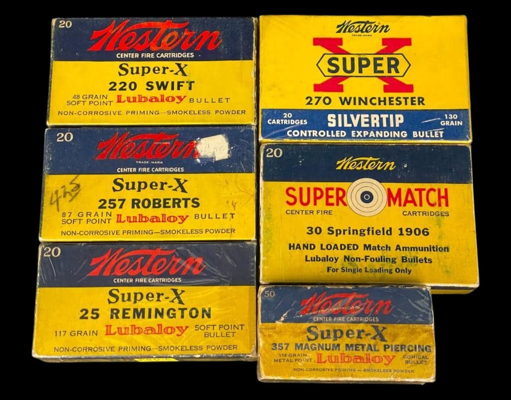 Collectible Lot Of Six Winchester Super X Boxes With Ammunition: Offered here is a lot of six collectible Winchester Super X boxes with ammunition. Six old boxes of Winchester Super X ammunition in various calibers by Winchester Arms. Plastic wrapped to preserve th