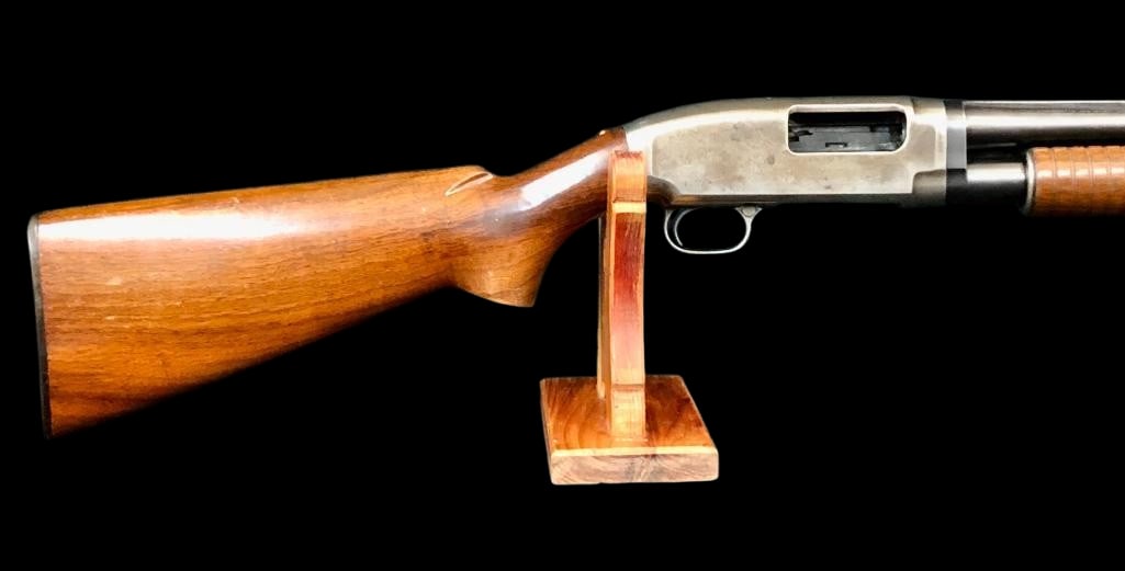 Winchester Model 12 20 Gauge Pump Shotgun: For your bidding pleasure is a Winchester Model 12 shotgun chambered in 20 gauge. This vintage firearm comes with a solid ribbed barrel. The butt stock and forearm look good with no apparent cracks. T