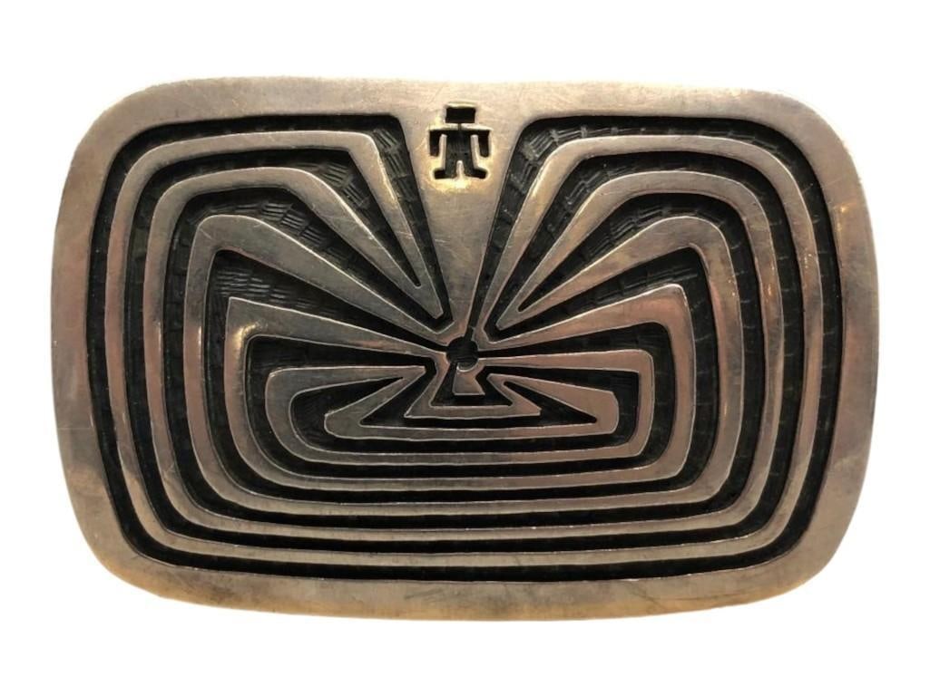 Man-In-The-Maze Overlay Belt Buckle by Alvin Sosolda: For your bidding pleasure is a Man-In-The-Maze overlay belt buckle by Alvin Sosaldo This buckle features a great Man-In-The-Maze overlay design with near perfect cut outs and lines. An etched techniqu