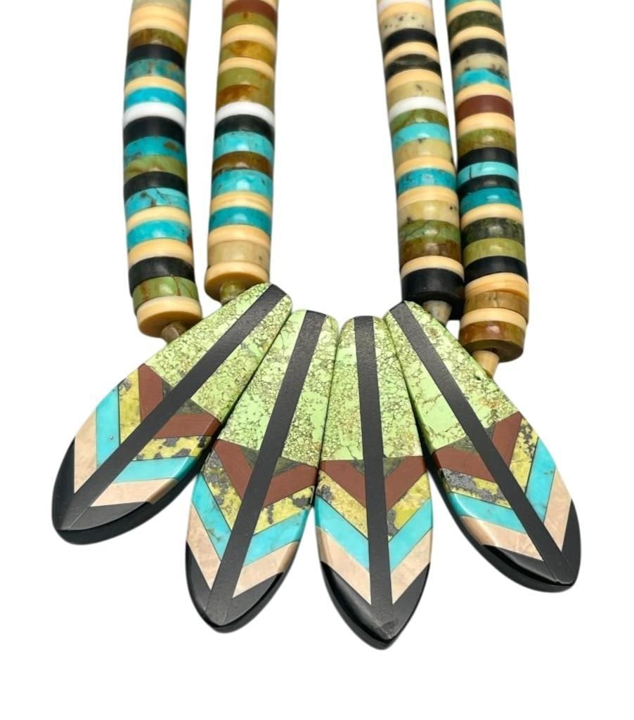 Pueblo Style Inlay Necklace With Feathers By Rudy Coriz (1 of 18)