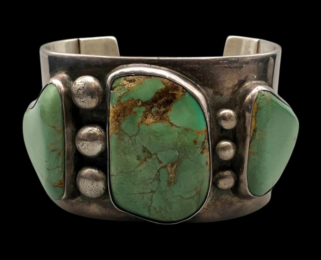 Statement Vintage Hefty Three Stone Green Turquoise Bracelet (1 of 10)