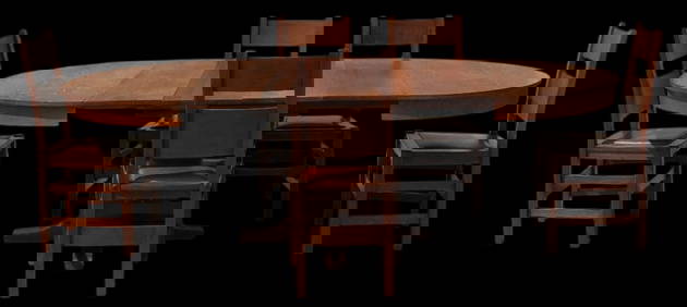 Gustav Stickley Antique Mission Oak Pedestal Dining Table & Five Stickley Brothers Chairs (1 of 19)