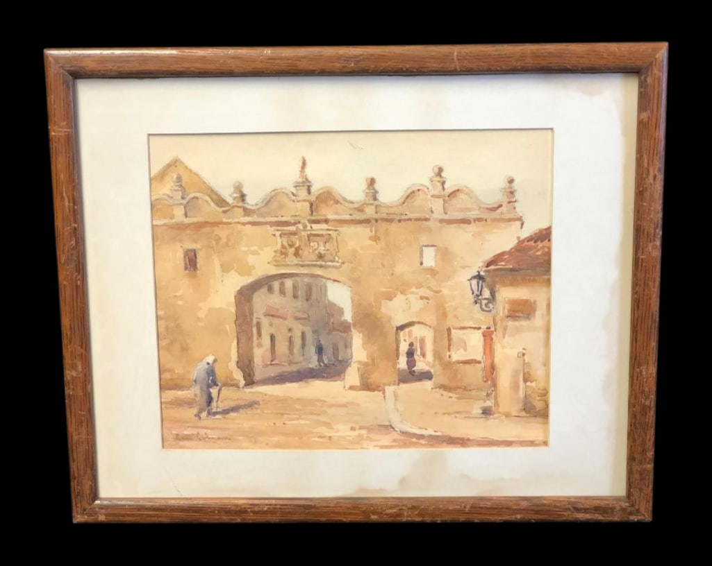 Original Painting By Samuel Colman: Offered for your purchase here is an original painting by Samuel Colman. The artist portrays a walled town in the Spanish style set in a serene desert landscape as a stooped figure approaches the gate