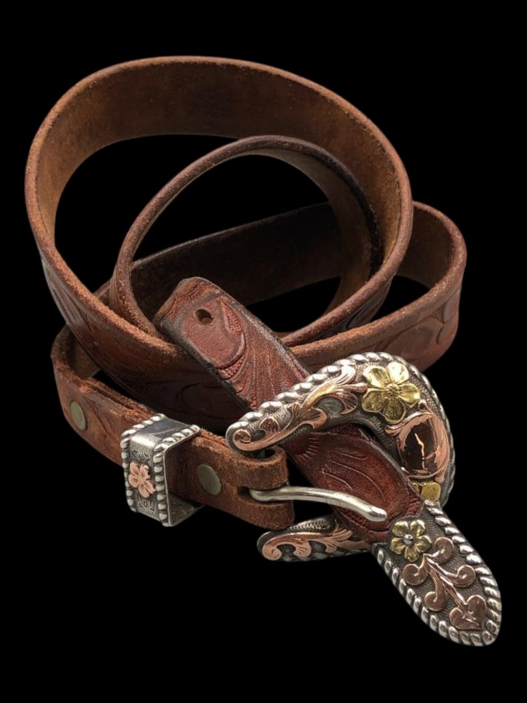 Bohlin Sterling Silver, 12K And 18K Gold Ranger Buckle Set With Leather Belt (1 of 12)