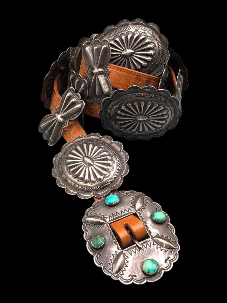 Circa 1920 Sterling Silver Concho Belt With Turquoise And Sterling Silver Belt Buckle (1 of 11)