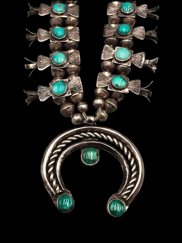 1930s Child Size Box Bow Squash Blossom Necklace With Handmade beads And Four Petal Blossoms (1 of 16)