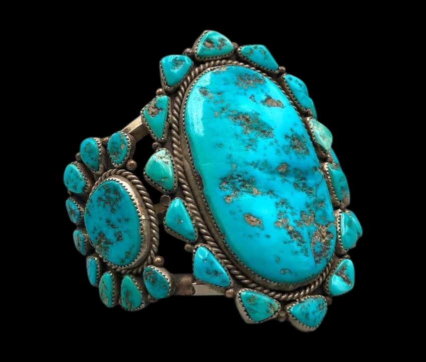 Large Sterling Silver And Turquoise Cluster Bracelet (1 of 10)