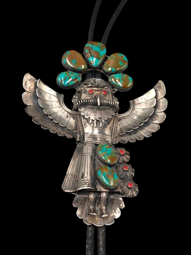 Three Dimensional Turquoise, Coral And Sterling Silver Eagle Dancer Themed Bolo Tie (1 of 16)
