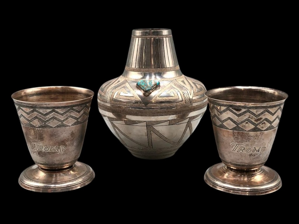 Three Piece Set Of Sterling Silver And Turquoise Cups And Vase By White Buffalo (1 of 13)