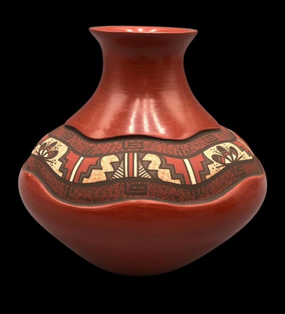 Nice Jemez Pottery Jar By Fragua: Offered here for your consideration is a nice Jemez pottery jar by Fragua. This jar features a lovely stone polished redware finish with a textured band of step, feather and geometric designs. This lo