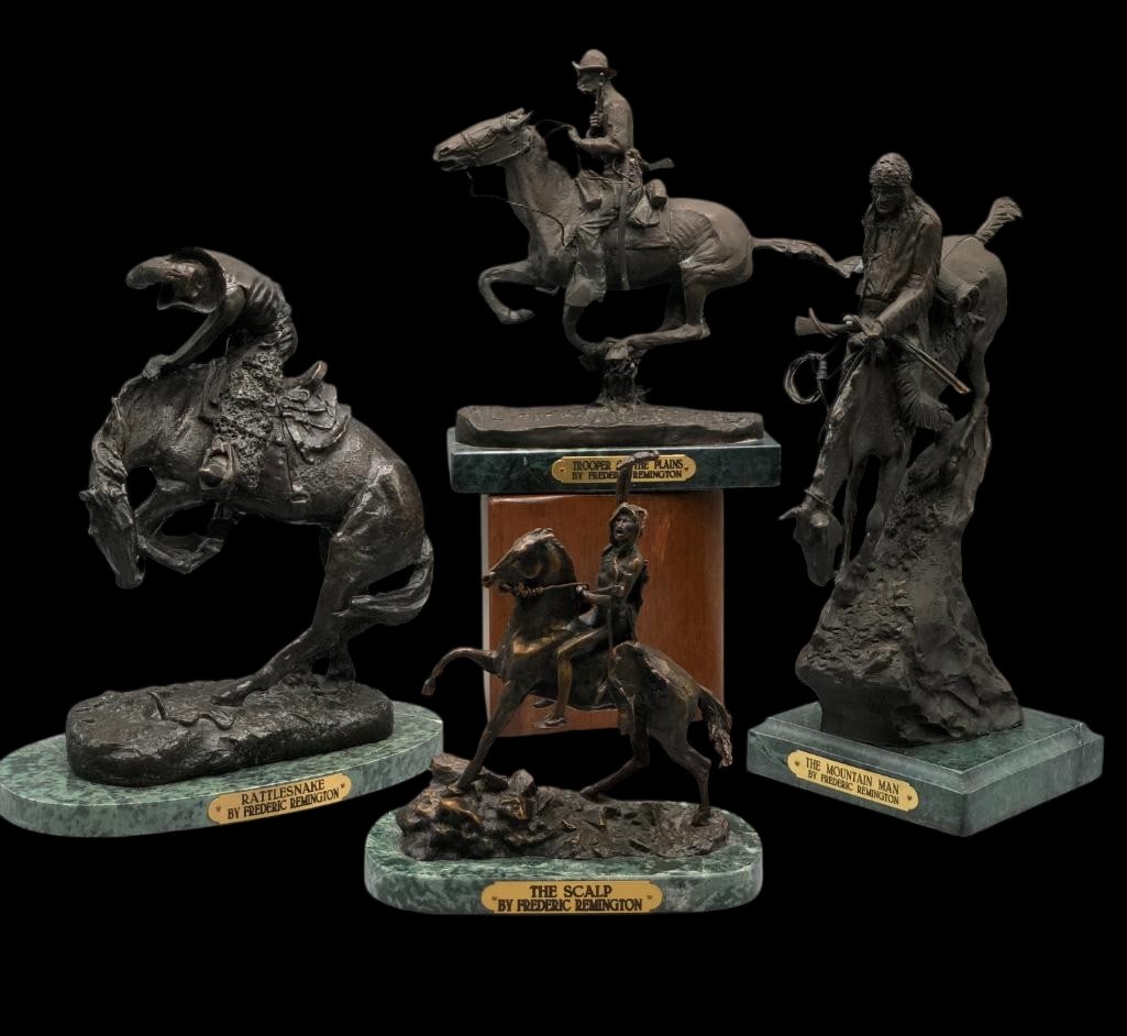 Four After Remington Bronze Statues: Offered here for your consideration are four "after Remington" bronze statues. "After Remingtons" are recasts from Frederic Remington's bronzes often by artists who are inspired by