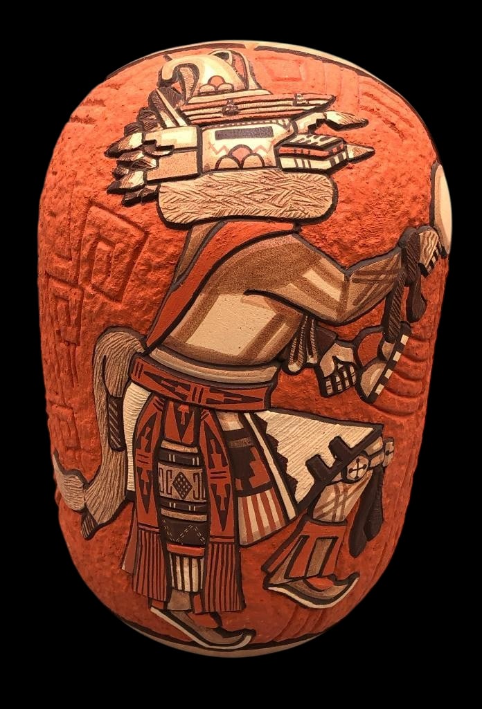 Marty And Elvira Naha Hopi Pot: Presented here for your consideration is a Marty and Elvira Naha Hopi pot. This carved redware pot is marked on the bottom as a " Germanation Kachina" or "Germ God" which is believed t