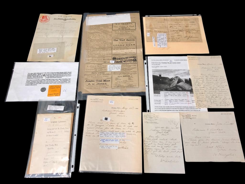 Late 1800s To Early 1900s Saloon Ephemera And Token: Offered here for your consideration are a group of late 1800s to early 1900s, saloon ephemera and a saloon token. This lot includes 1884 Saloon tax records from Rockdale, Texas, whiskey orders from Ca