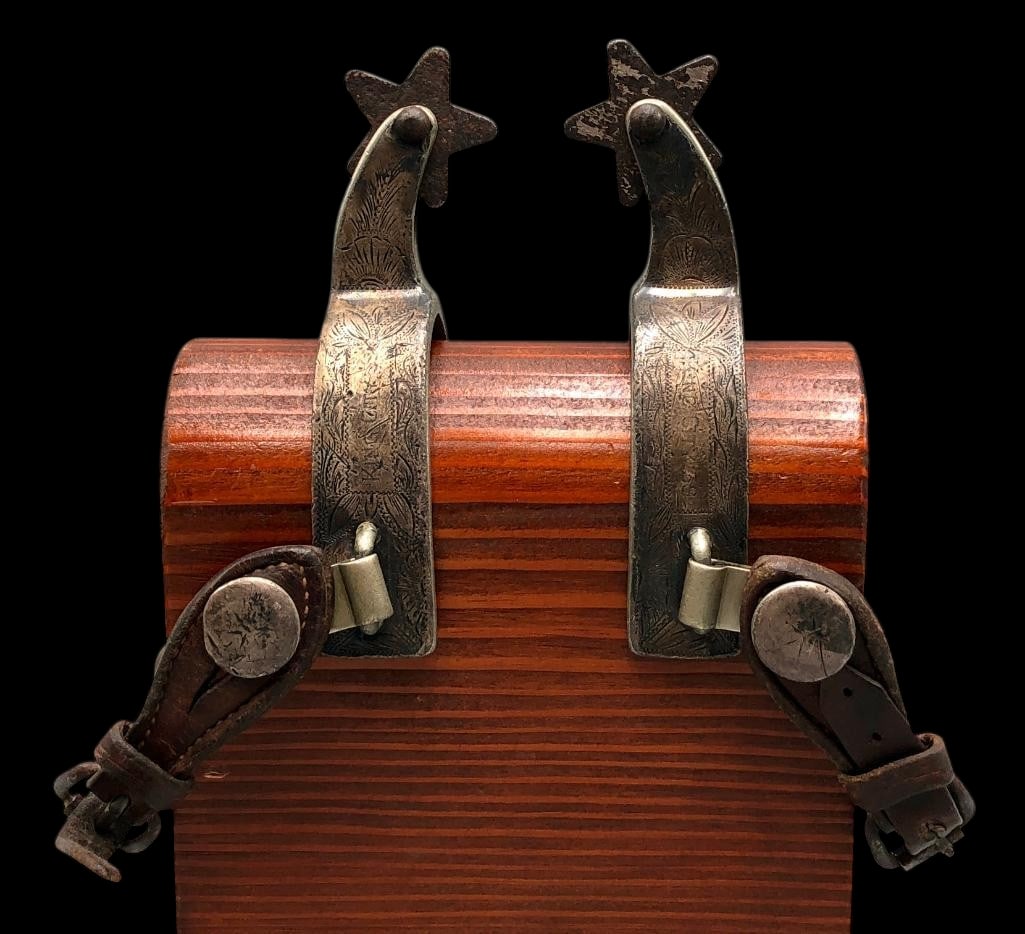 Buermann Presentation Spurs: Available here for your consideration are an old pair of Buermann marked presentation spurs. They are single mounted and have presentation wording on the other side. They feature rough stock style row