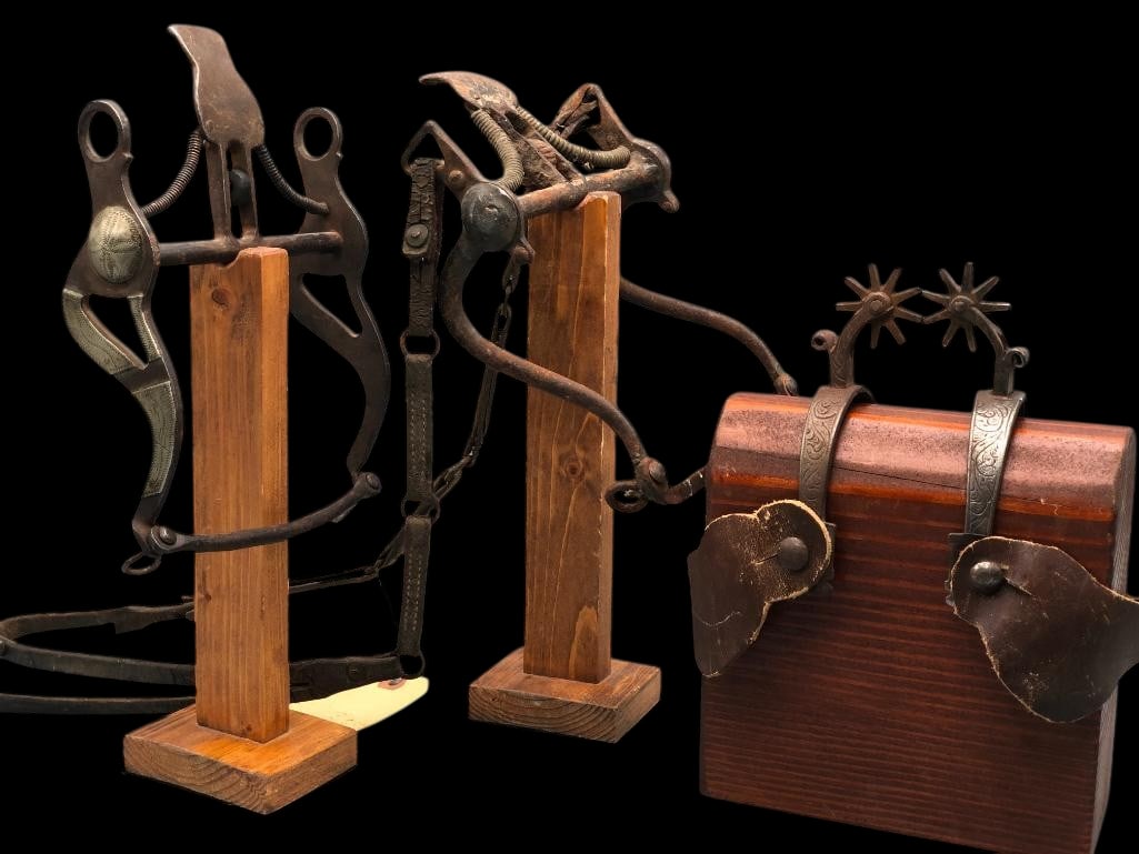 Two Antique Spade Bits And Pair Of Spurs: Available here for your consideration are two antique spade bits and a pair of spurs. These items have all seen use in their day, but would still look good on display! The history of bits and spurs in