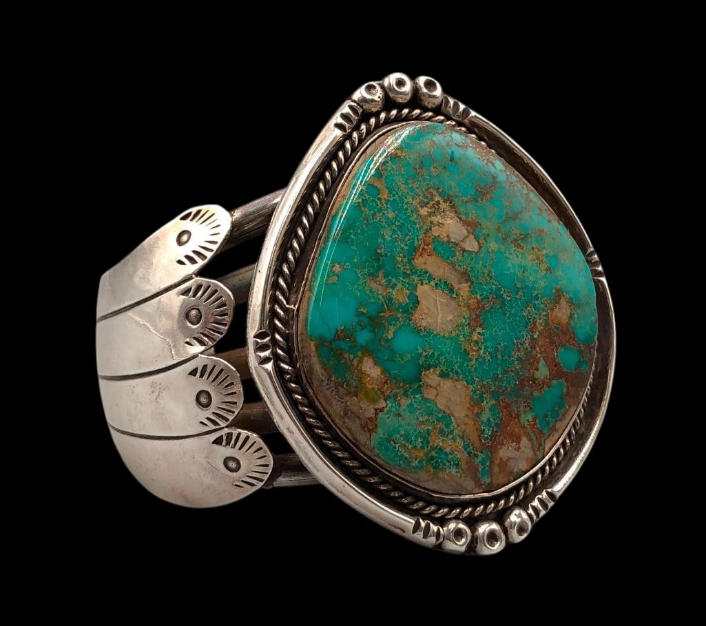 High Grade Royston Turquoise Bracelet By Jake Hanagarne: For your bidding enjoyment we present a high grade Royston turquoise bracelet by Jake Hanagarne. Royston turquoise has been mined since the early 1900s near Tonopah, Nevada. This beautiful bracelet sh