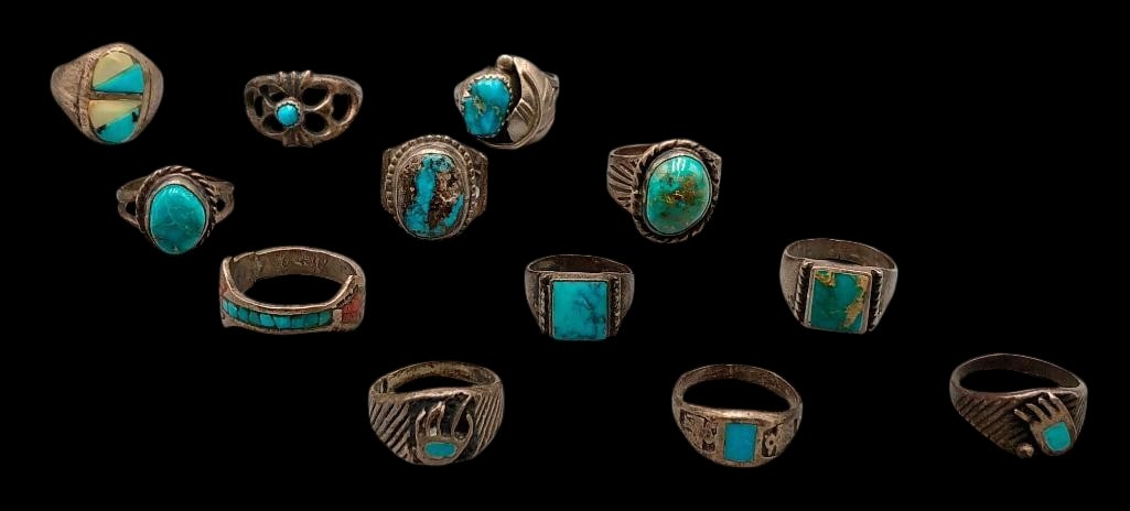 Twelve Vintage Sterling Silver Rings: Offered here are twelve vintage sterling silver rings. The variety and versatility of these rings is just incredible and they each have wonderful designs. The designs range from turquoise cabochons re