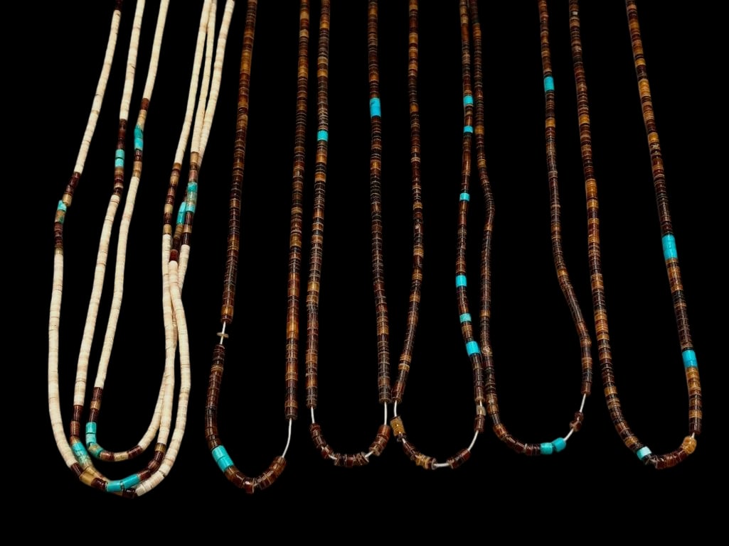 Group Of Penshell, Heishi And Turquoise Necklaces: Available here for your consideration is a group of pen shell, heishi and turquoise necklaces. The first necklace features three strands of turquoise, pen shell and light colored shell heishi beads in