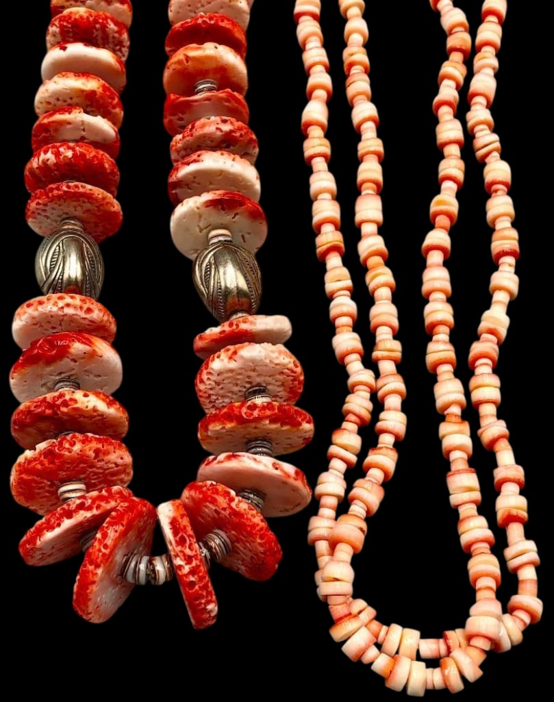 Two Spiny Oyster And Shell Necklaces - Dead Pawn: Available here for your consideration are two spiny oyster and shell necklaces - Dead Pawn. The first necklace showcases wider spiny oyster disk beads in graduated sizes interspersed with brown heishi