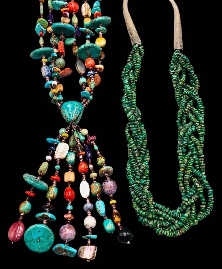 Two Multi Strand Multi Stone Necklaces: Available here for your consideration are two multi strand multi stone necklaces. The first necklace showcases three strands of multi stone beads including turquoise, mother of pearl, spiny oyster, on