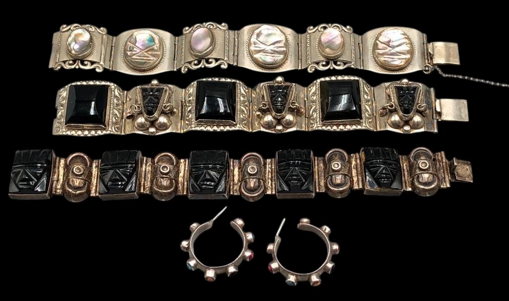 Miscellaneous Mexican Jewelry, Bracelet And Earrings: Offered here for your consideration is a group of miscellaneous Mexican jewelry including a bracelet and earrings. This group includes two nickel bracelets and one sterling silver bracelet each featur