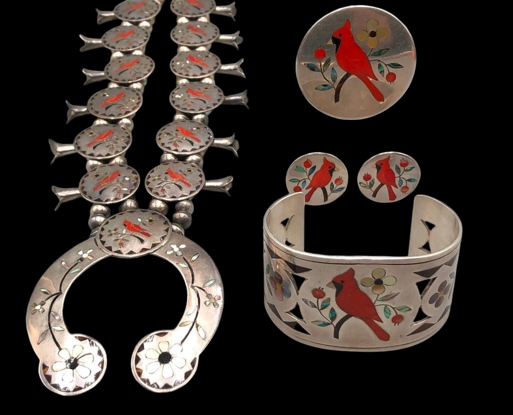 Cardinal Inlay Jewelry Group: Offered here for your consideration is a cardinal inlay jewelry group. This group includes a squash blossom necklace, a bracelet, a pin and a set of earrings. The necklace showcases a naja highlighted
