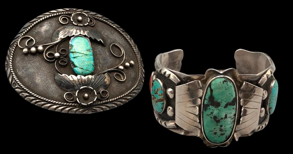 Vintage Turquoise Belt Buckle And Bracelet: Available here in this lot are a vintage turquoise belt buckle and bracelet. This sterling silver belt buckle features a central turquoise cabochon resting in a silver sawtooth bezel accented with sil