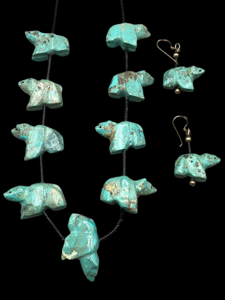Pueblo Carved Turquoise Bear Fetish Necklace With Earrings: Offered here is a Pueblo carved turquoise bear fetish necklace with earrings. This set includes a single strand necklace and matching dangle earrings each featuring carved turquoise bear fetishes pair