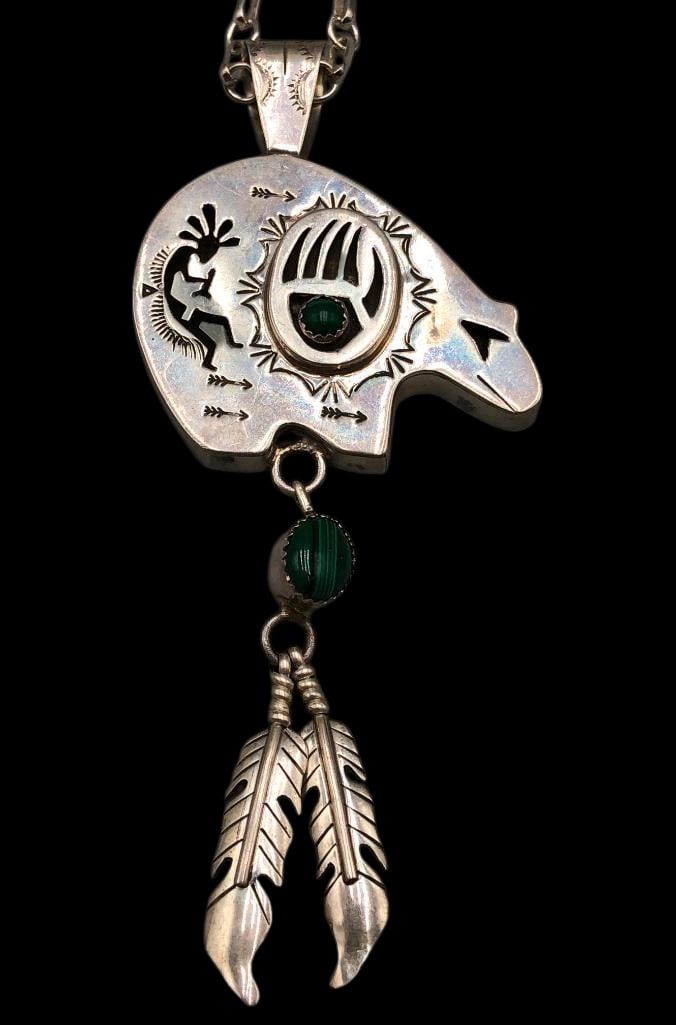 Bear Themed Pendant Necklace: Offered here for your consideration is a bear themed pendant necklace. This necklace features a pendant showcasing a bear shaped design accented by a raised bear paw overlay and a central malachite ca