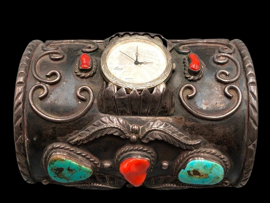 Large Vintage Turquoise, Coral And Sterling Silver Watch Bracelet: For your bidding enjoyment we present a large vintage turquoise, coral and sterling silver watch bracelet. This hefty watch bracelet features three turquoise and three coral cabochons each resting in 