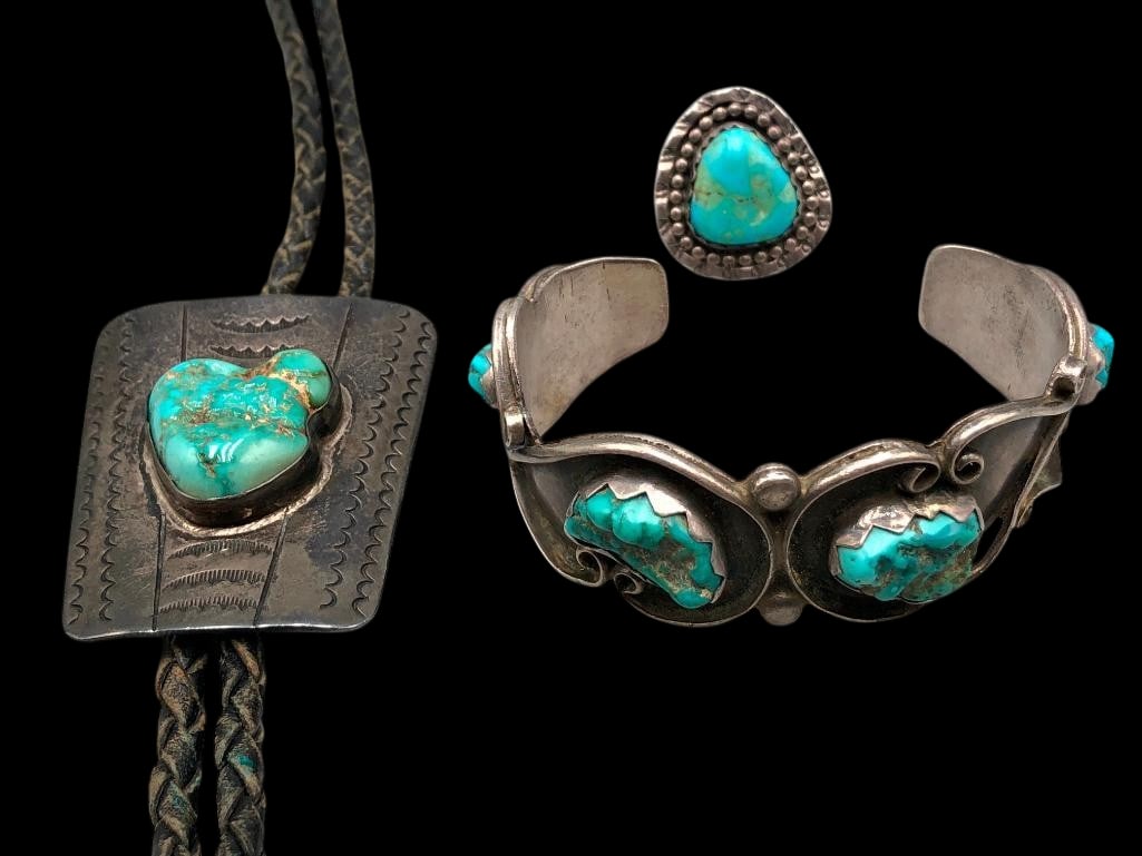 Vintage Natural Turquoise Bolo Tie, Bracelet And Ring: Offered here for your consideration are a vintage natural turquoise bolo tie, bracelet and ring. This bolo tie features a natural nugget style turquoise cabochon resting in a smooth silver bezel place