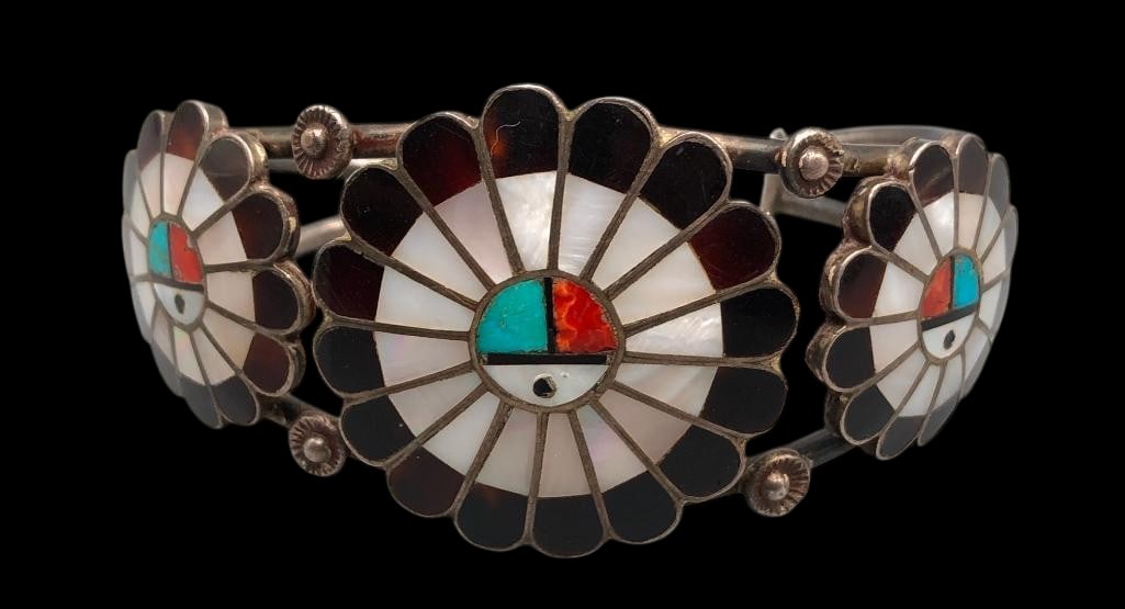 Muli Stone Sunface Inlay Bracelet: Presented for your consideration is a multi stone Sunface inlay bracelet. This beautiful bracelet showcases three Sunface designs intricately crafted with multi stone channel inlay featuring turquoise